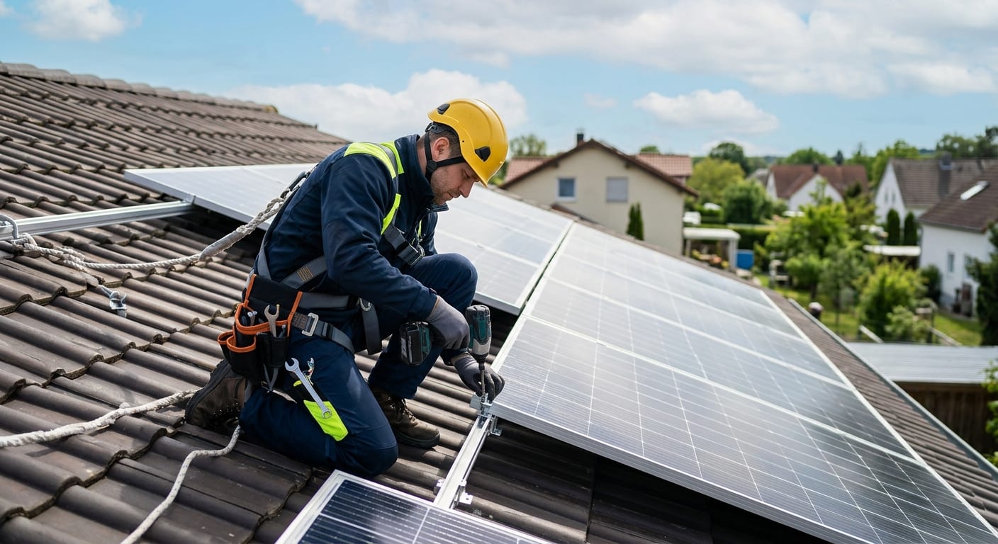 Technicien installateur professionnel ajustant des panneaux solaires photovoltaïques sur une toiture de maison individuelle avec rigueur